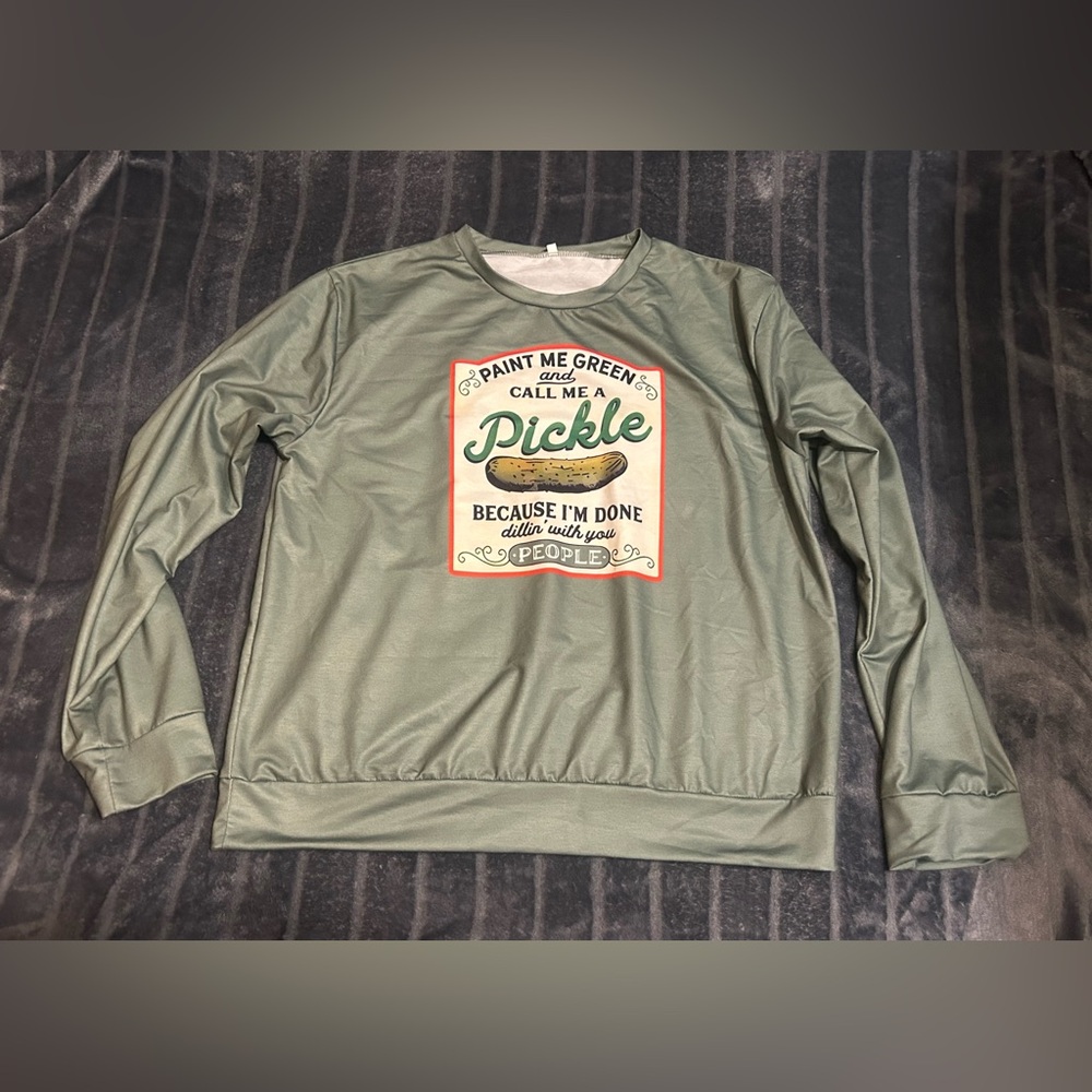 NEW-Green Dill Pickle Graphic Long Sleeve Shirt Size XL